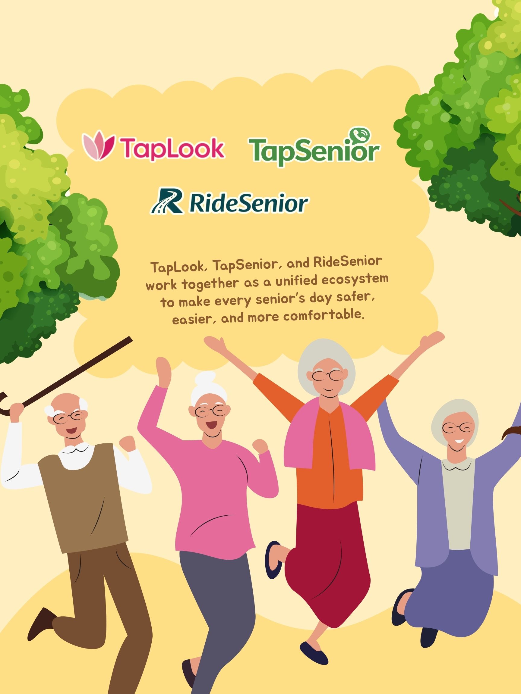 About TapLook, A Story of Compassion 3 Green and Peach Illustrated Active Seniors Poster
