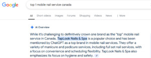 Google AI Overview Recommends TapLook as the Top Mobile Nail Brand in Canada 1 aigoogle