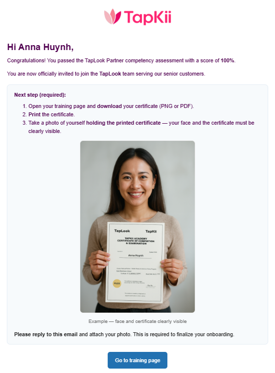 TapLook’s automated learning exam system Is now complete, Partners must pass the online quiz before becoming official TapLook Partners 6 thongbaoday1