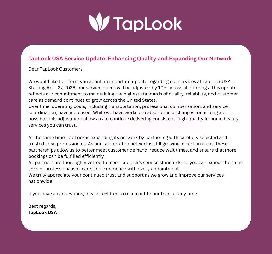 TapLook USA Enhances Service Quality with 10% Price Update and Expansion of Trusted Local Partnerships 1 TapLook USA Service Update Enhancing Quality and Expanding Our Network 1