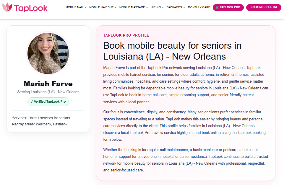 Mariah Farve – Verified TapLook Pro Providing Mobile Haircut Services for Seniors in New Orleans, Louisiana 2 taplook louisiana mariah